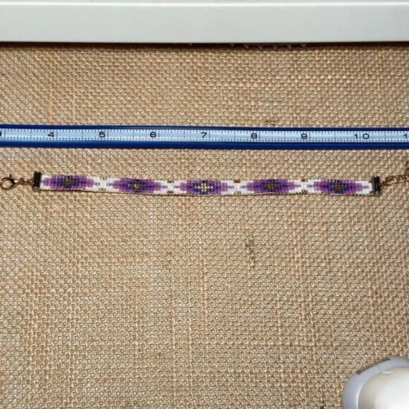 Purple White  and Gold Beaded Bracelet - Picture 3 of 5